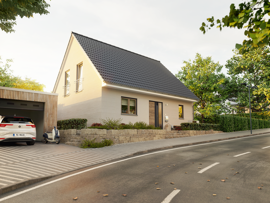 Das Einfamilienhaus Flair 134 Flair 134 mit Satteldach, Sicht auf das Familienhaus von der Straße.