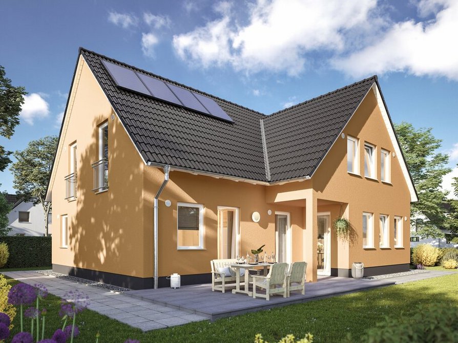 Das Domizil 192 in der Variante Trend mit Blick von Garten auf die Terasse und das Zweifamilienhaus